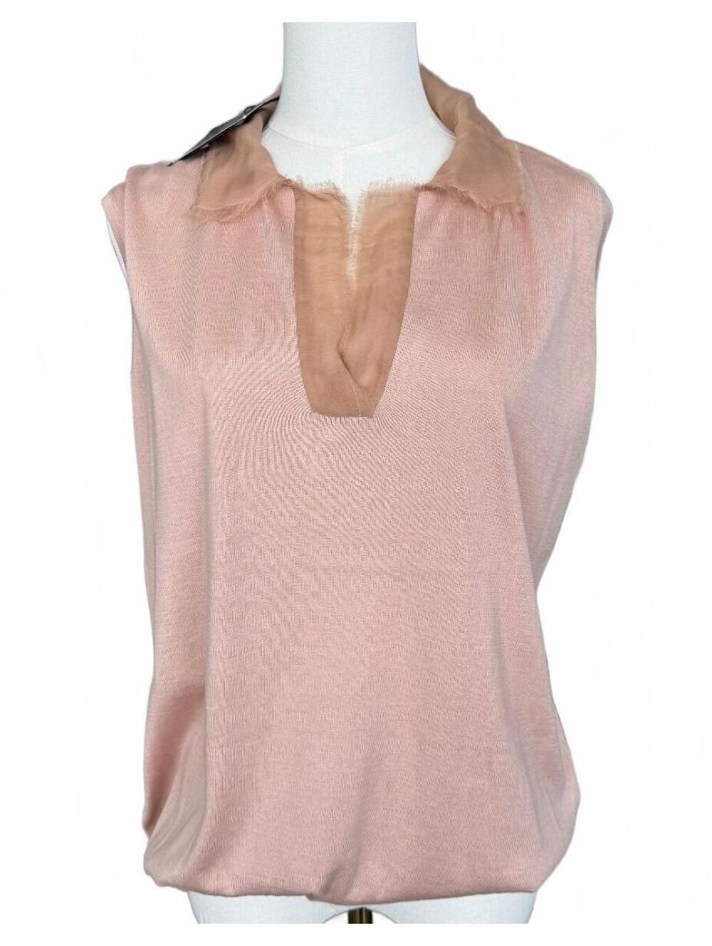 Lanvin Sleeveless Cotton Knit Top with Silk Collar Blush XL
